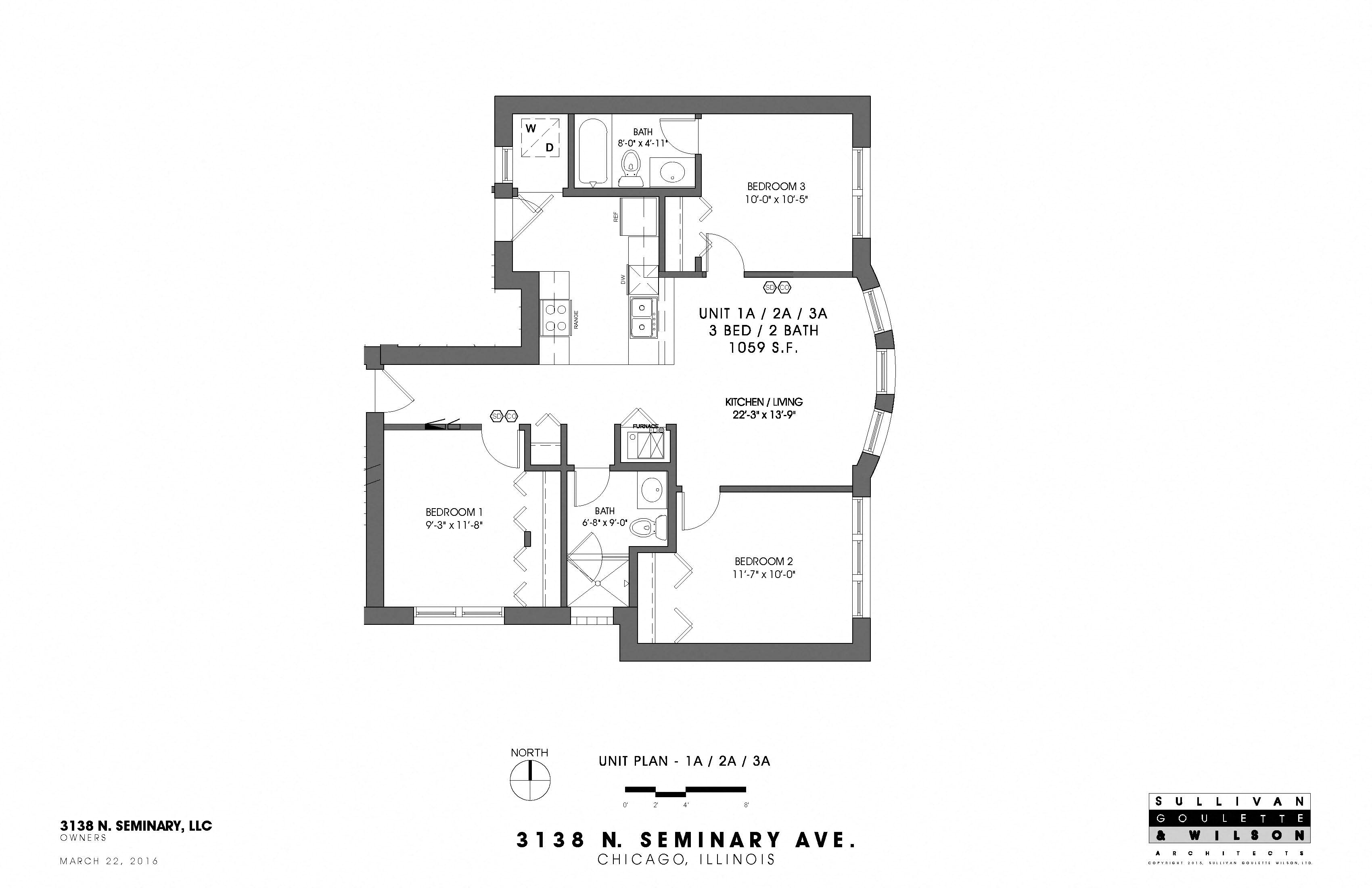 Floor plan for 3 beds, 2 baths, 1059 sqft